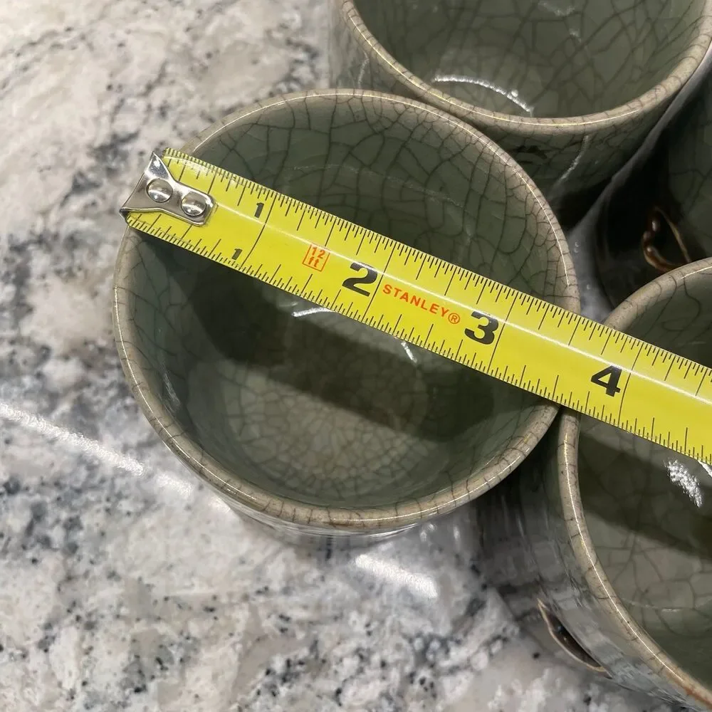 Vintage Somayaki Soma Ware Green Crackle Gold Horse Double Wall Mugs Set 6